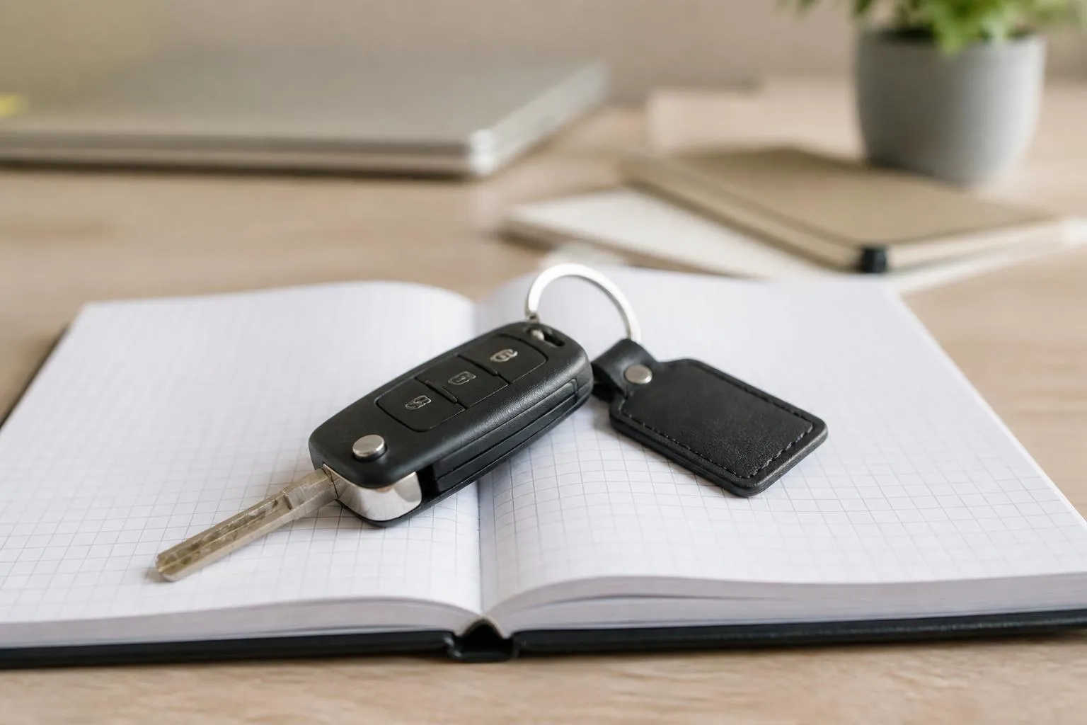 Cles de voiture posees sur un carnet ouvert