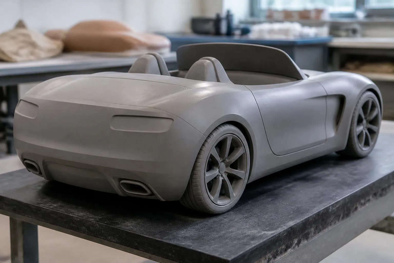 Maquette d etude en argile grise d un roadster