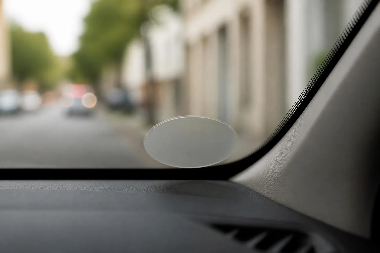 Disque rond vierge colle sur un pare-brise