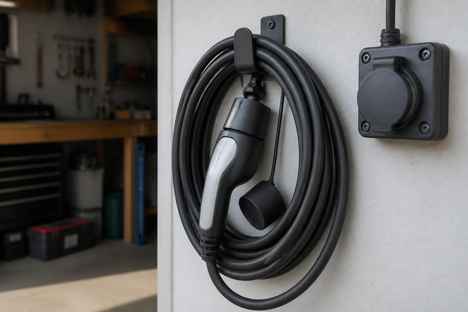 Cable de recharge enroule dans un garage